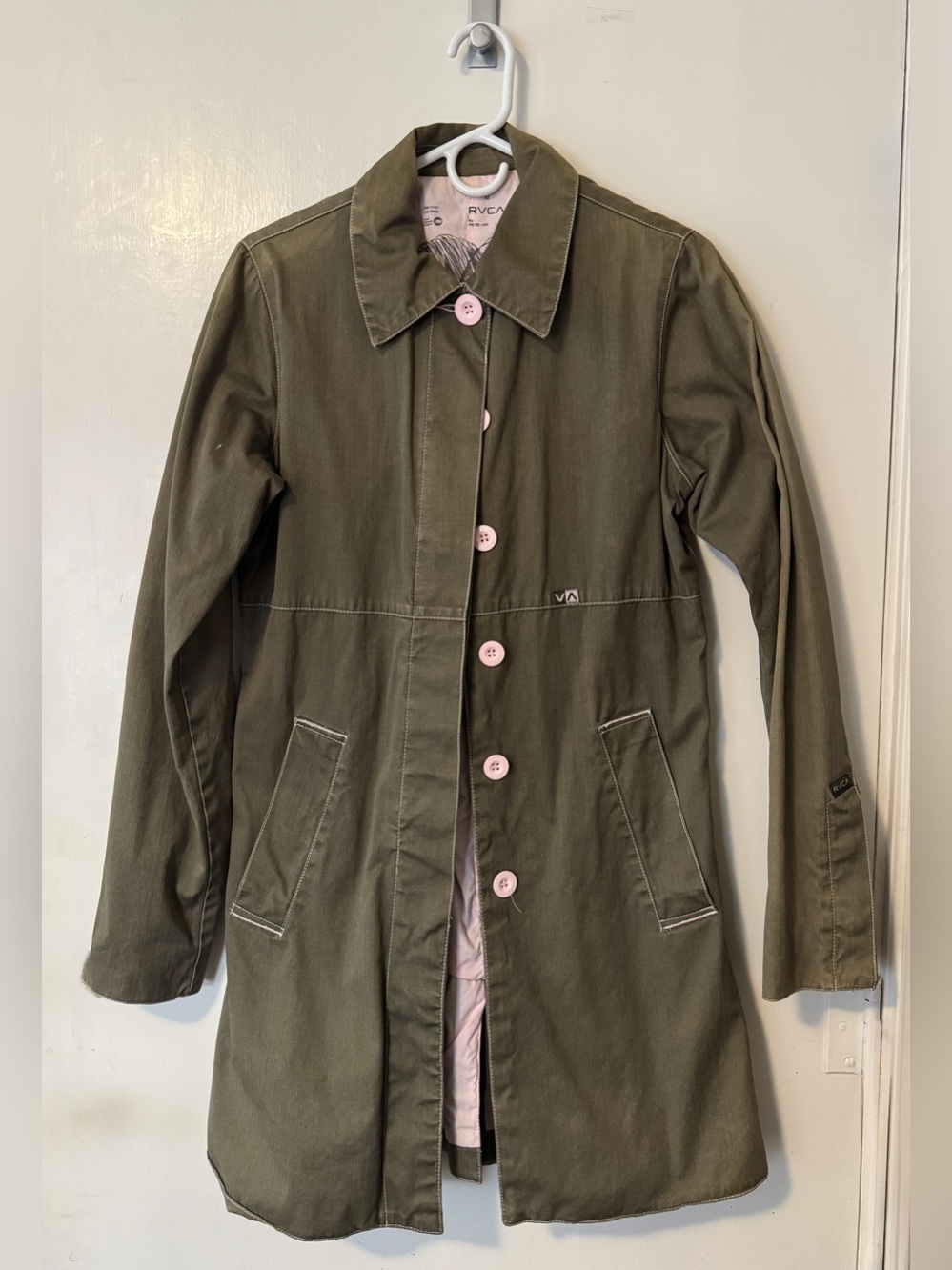 RVCA Olive Trench Coat with Pink Button Details